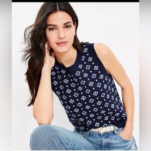 LOFT Navy and White Floral Jacquard Sweater Vest